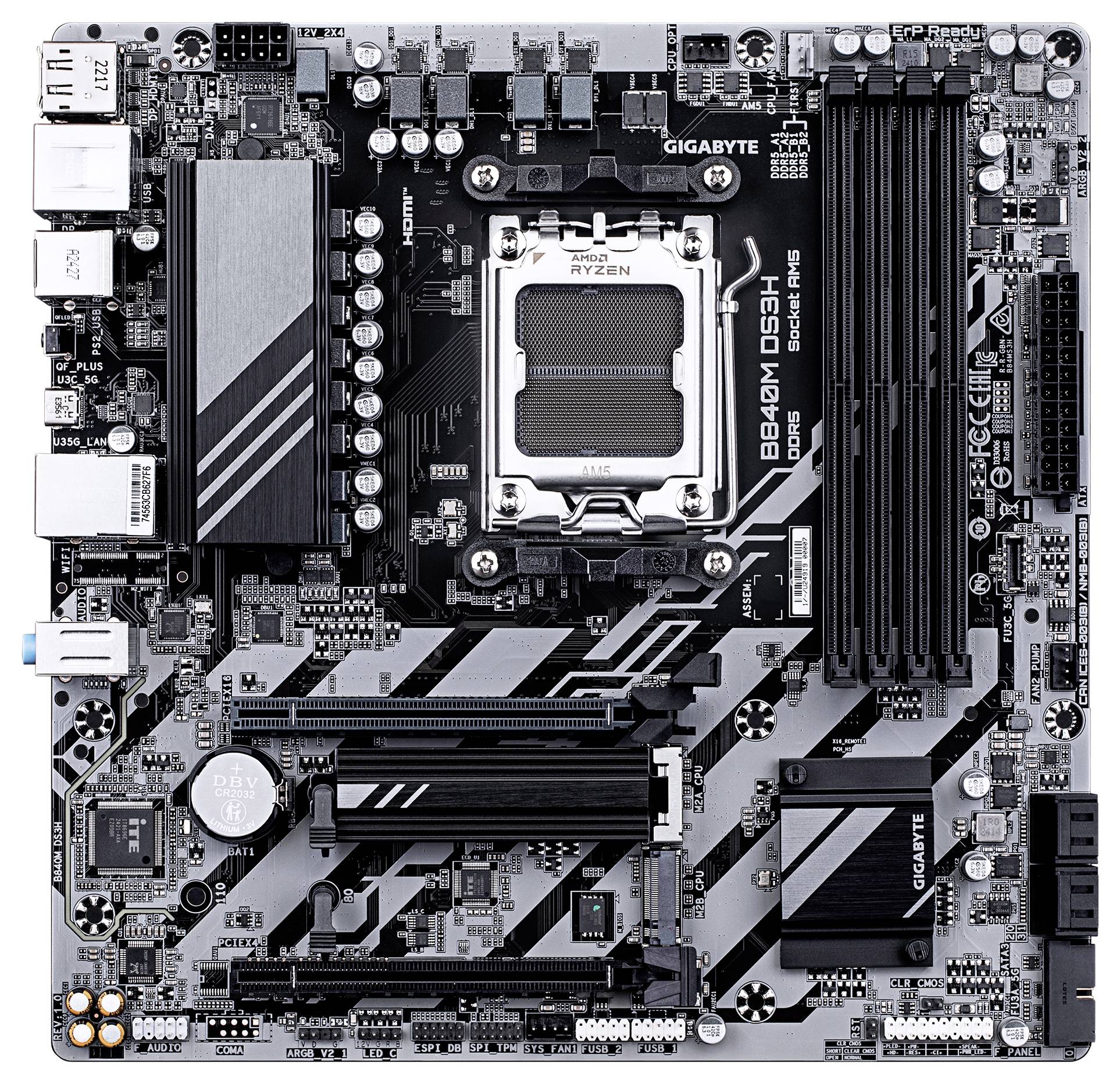 Une carte mère d'ordinateur avec plusieurs connecteurs et composants, comprenant des emplacements pour RAM, des slots PCIe et un socket CPU AM4.