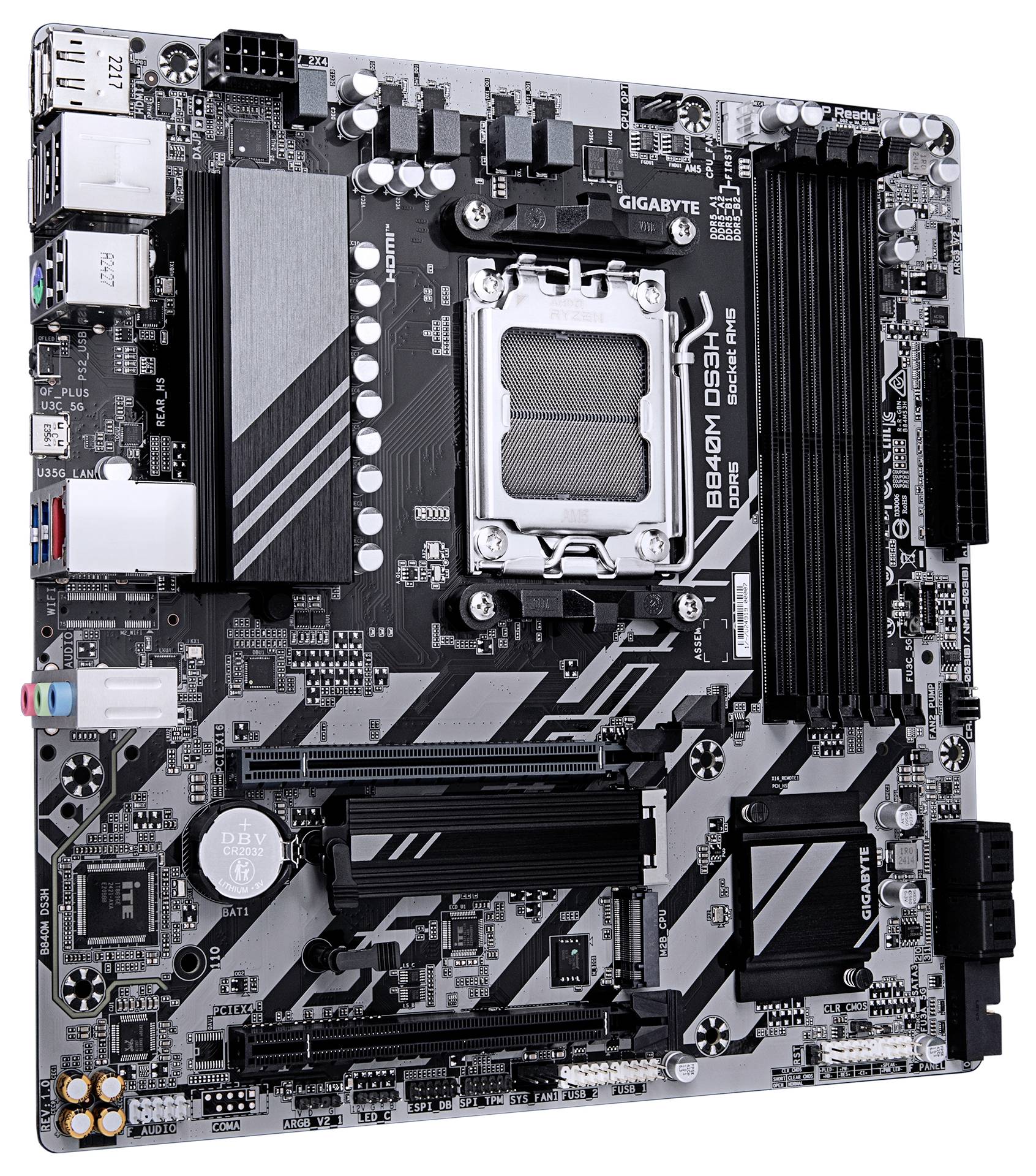 Carte mère Gigabyte, modèle B460M DS3H, montrant divers ports et emplacements pour le processeur, la RAM et les cartes d'extension.