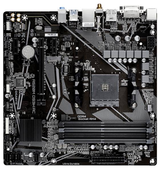 Une carte mère avec socket AMD AM4, plusieurs emplacements PCIe, emplacements RAM et connecteurs pour périphériques.