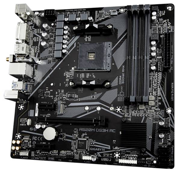 Carte mère au design noir avec des ports USB, réseau, audio et quatre emplacements RAM, adaptée aux composants informatiques.