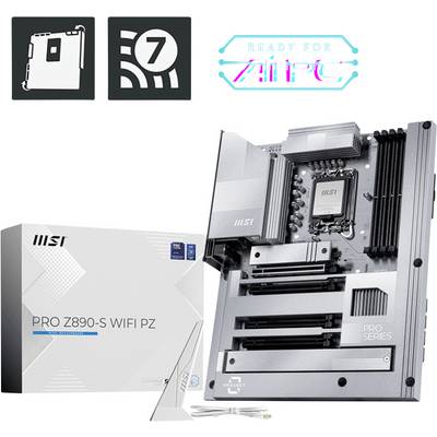 Pro Z890-S WIFI PZ Motherboard au centre, accompagné de son emballage. En haut, des symboles représentant les emplacements PCIe et la prise en charge du WiFi 7.