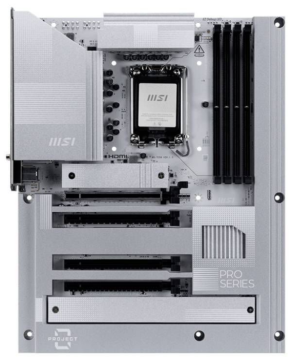 Une carte mère argentée de la série Pro de MSI. Elle présente plusieurs emplacements pour RAM, PCIe et différents connecteurs.