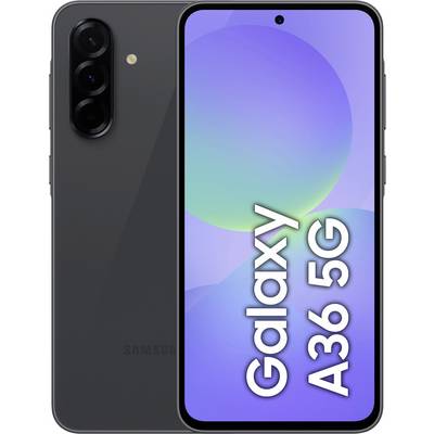 Samsung Galaxy A36 5G, vue avant et arrière. Écran avec dégradé de couleurs et nom du modèle. Appareil doté de trois caméras.
