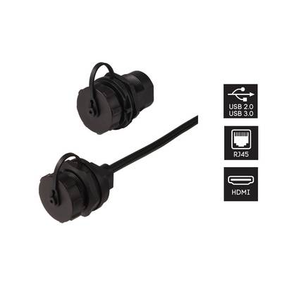 Deux connecteurs noirs et ronds à côté de symboles représentant 'USB 2.0 et USB 3.0', 'RJ45' et 'HDMI', illustrant les options de connexion.