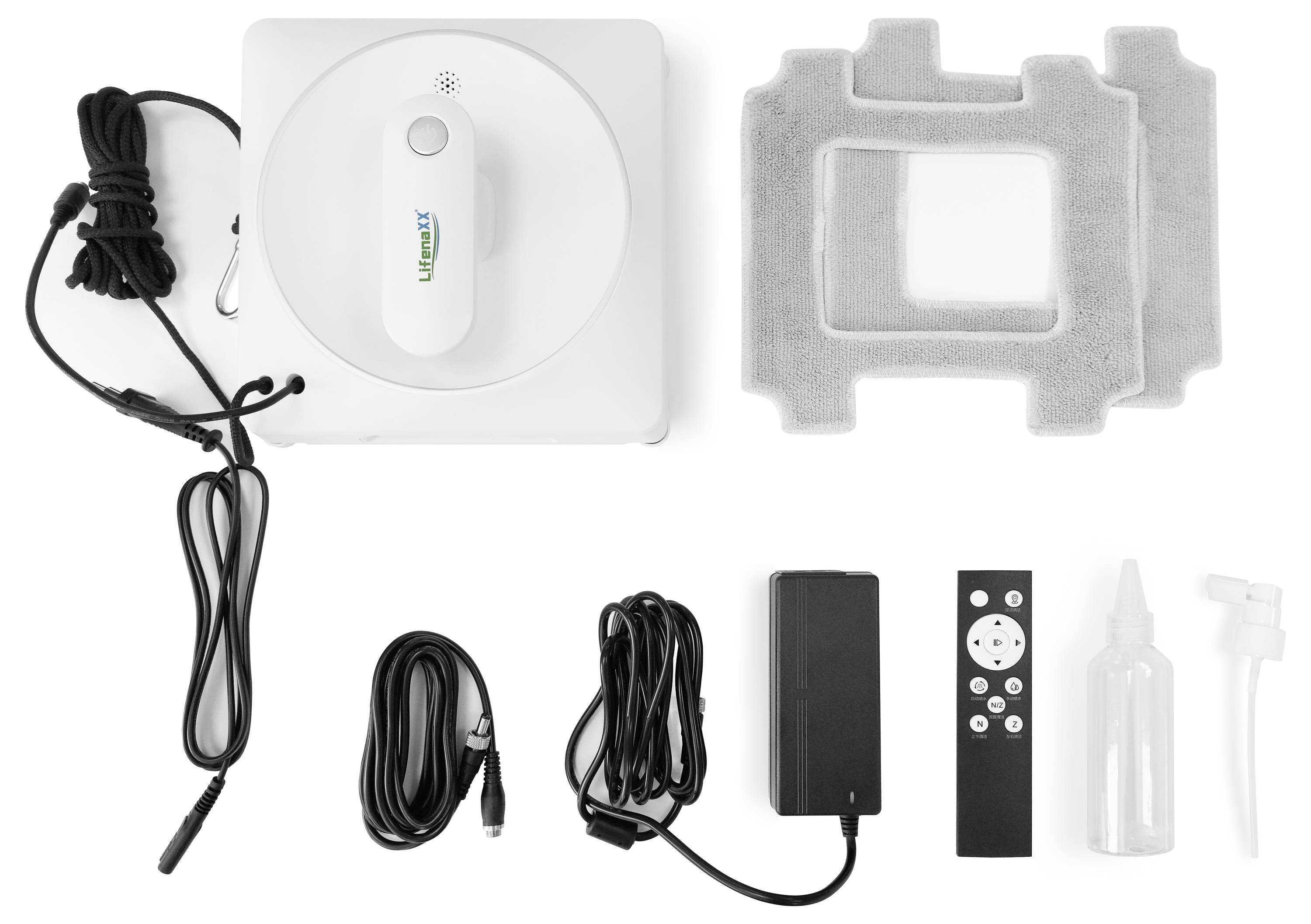 Robot de nettoyage de fenêtres avec accessoires : câble de charge, télécommande, chiffons de nettoyage, vaporisateur et adaptateur, sur fond blanc.