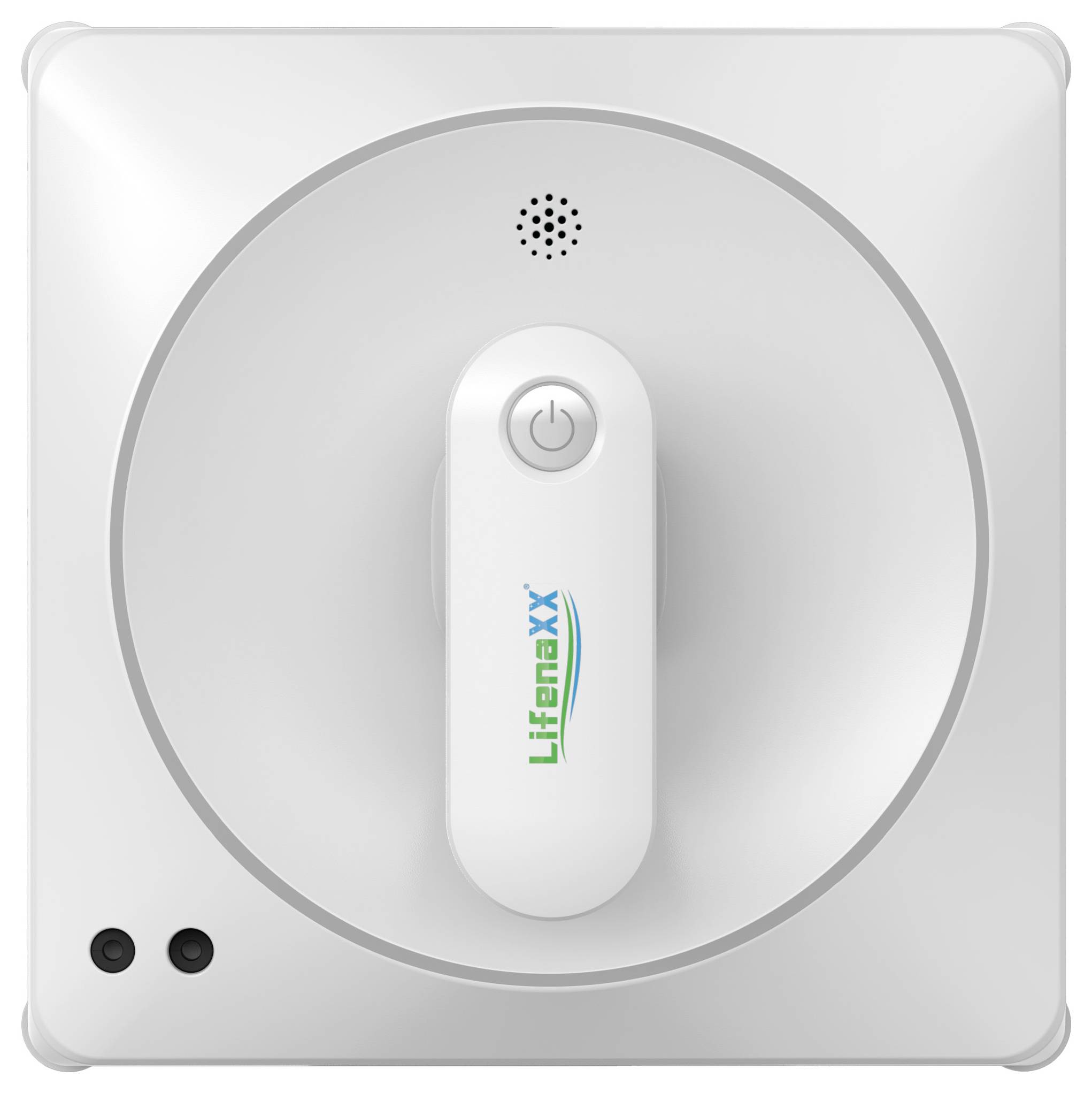 Un appareil de nettoyage de vitres carré, blanc, avec le logo "Lifenaxx", une poignée centrale, un bouton marche/arrêt, un microphone et des capteurs.