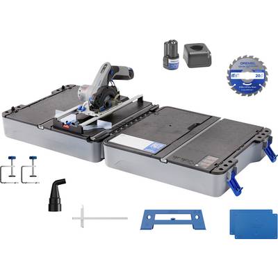 Ensemble Dremel Moto-Saw avec table de sciage, lame de scie, pinces et accessoires. Idéal pour des travaux précis sur bois et plastique.
