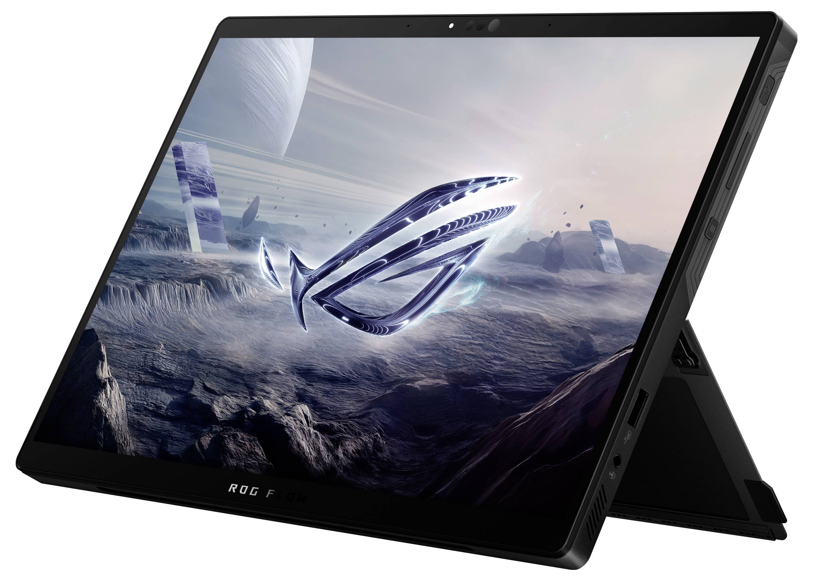 Tablette en mode support avec un thème spatial futuriste à l'écran. Le design présente une planète et des formes géométriques.