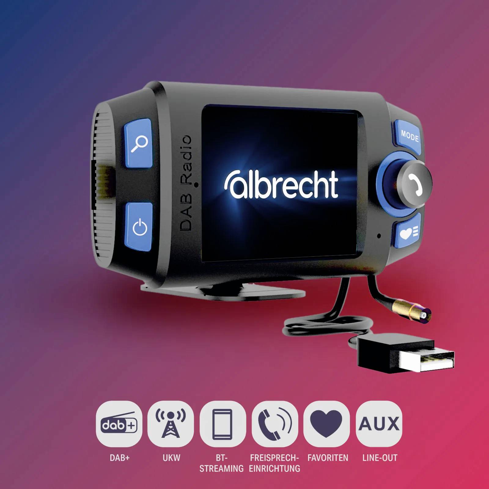 Radio portable DAB+ de la marque 'albrecht' avec l'écran affiché. Des touches de favoris et d'entrée auxiliaire sont visibles.