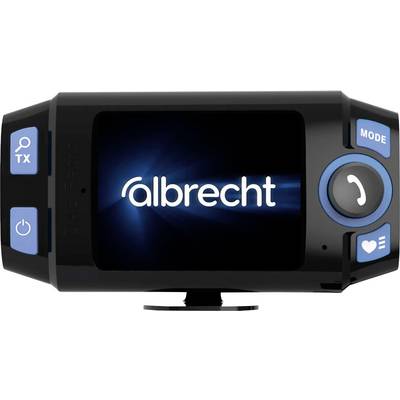 Un dispositif d'intercom Bluetooth avec écran affichant l'inscription 'albrecht'. À gauche se trouvent des touches pour TX et la mise en marche, à droite des touches pour le mode et la réception d'appel.