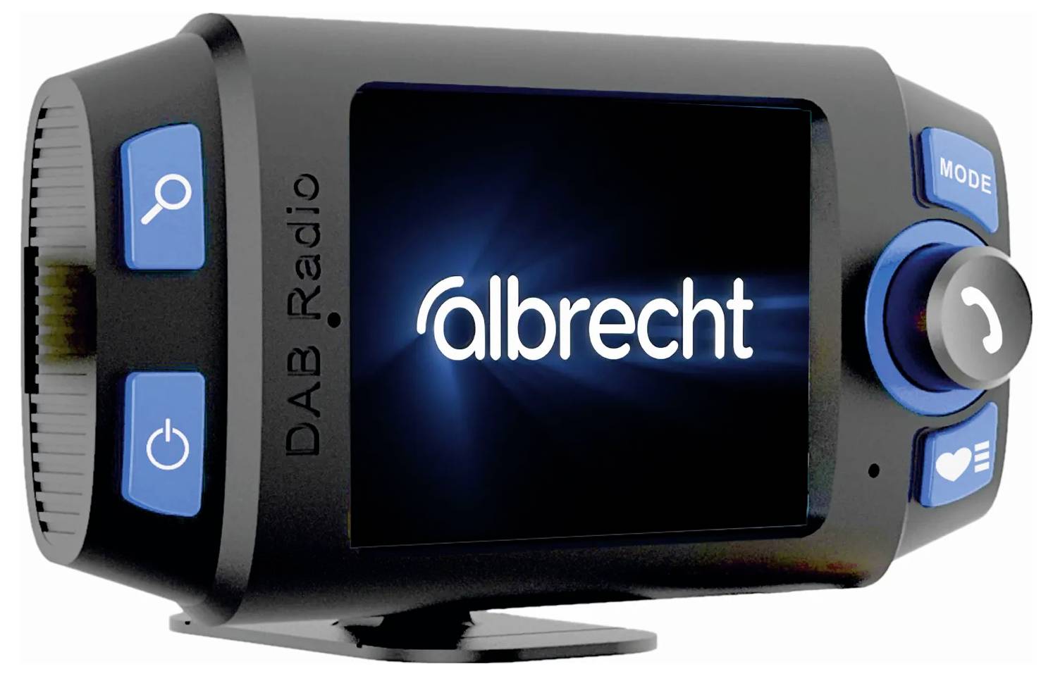 Radio DAB noir avec écran, affichant 'albrecht'. Il a des touches bleues sur le côté pour le volume et le changement de mode.