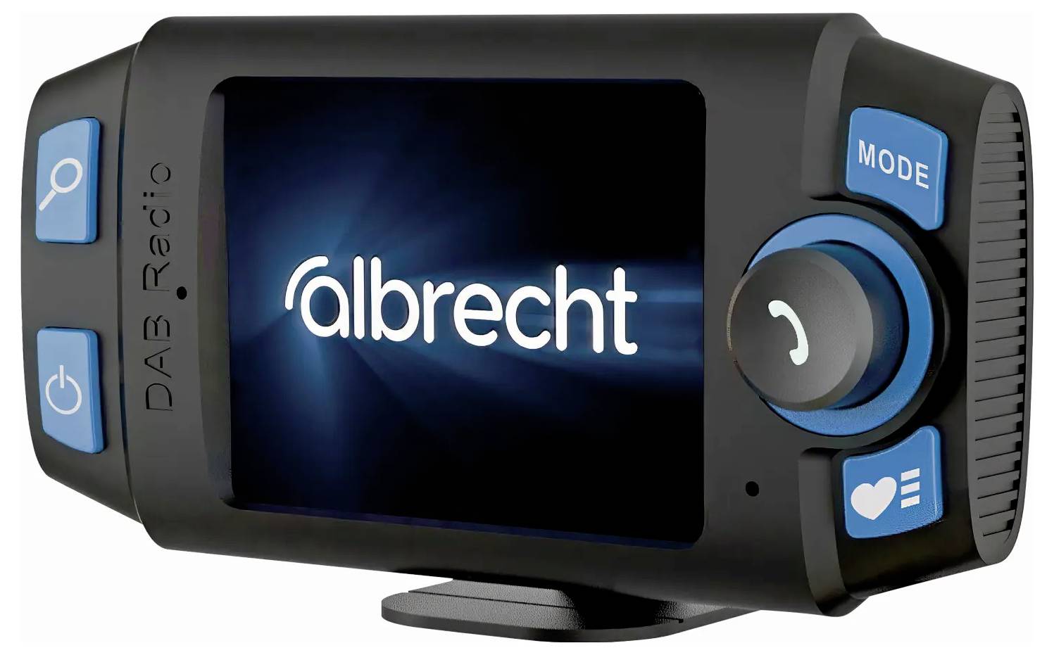 Radio numérique DAB avec affichage portant la mention 'Albrecht'. L'appareil est équipé de commandes de contrôle et de réglage du volume.