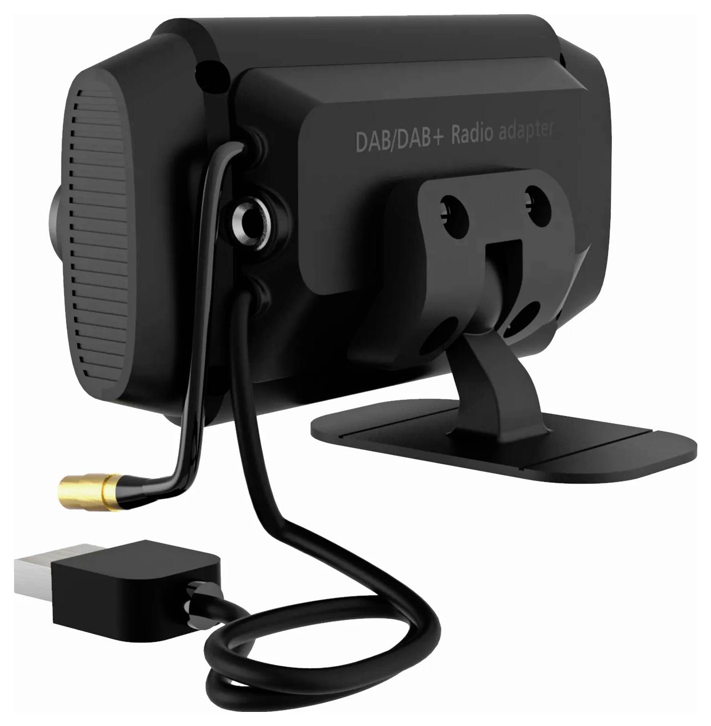 Un adaptateur radio DAB/DAB+ noir avec connexion USB et support flexible de fixation, photographié de dos.