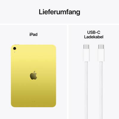 Contenu de la livraison : iPad en jaune et câble de charge USB-C illustrés.
