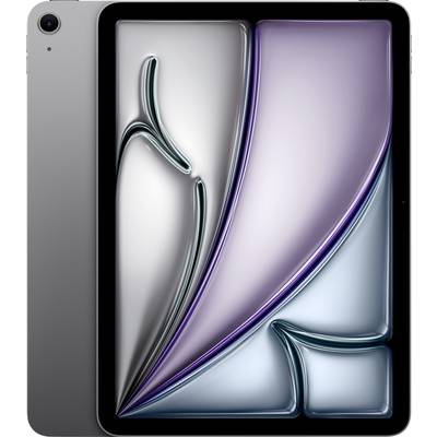 Tablette avec un cadre noir, l'écran affiche des formes abstraites violettes et bleues. L'appareil est posé verticalement, l'écran bien visible.