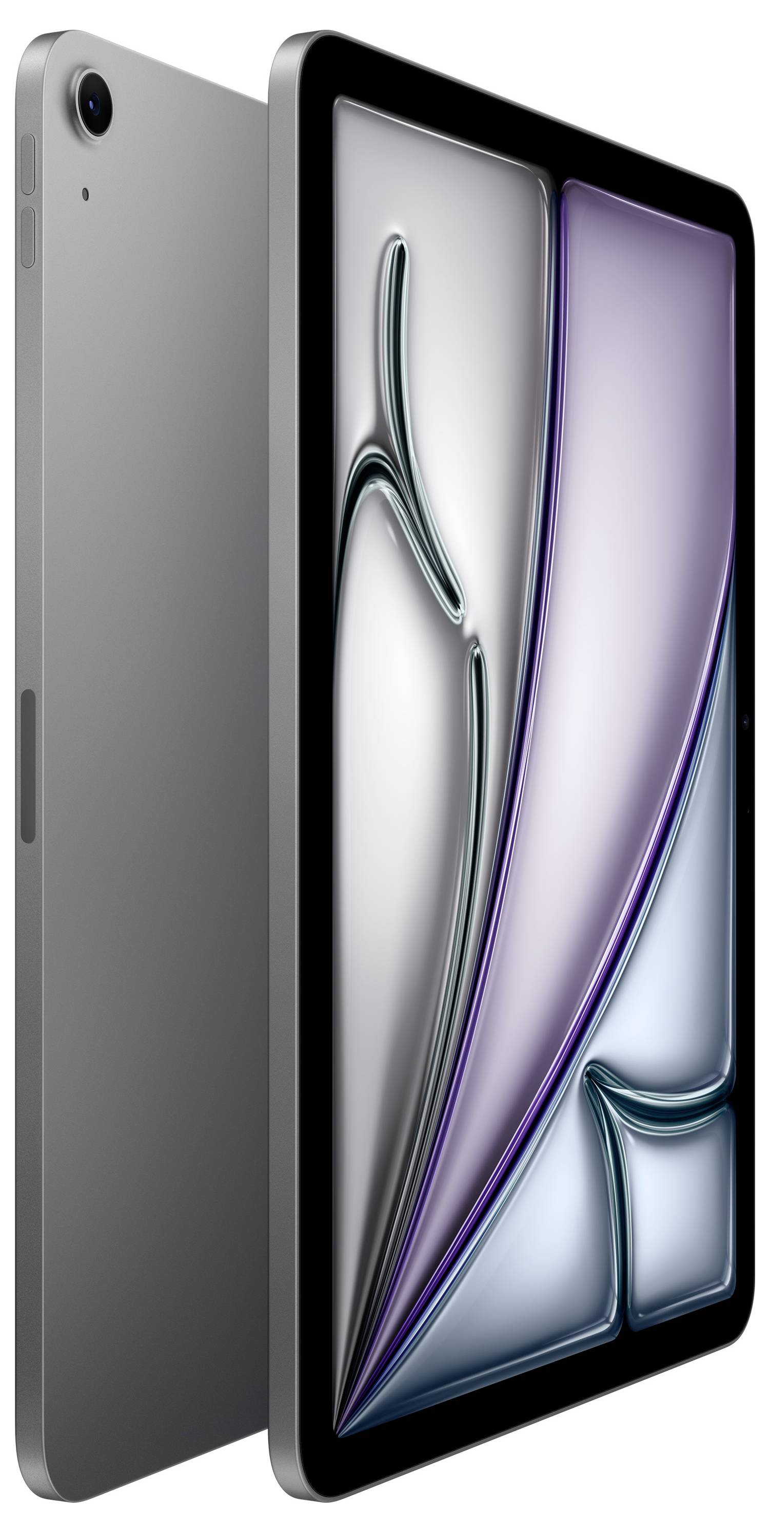 Tablette avec un boîtier gris, présentée en perspective, affichant une œuvre d'art abstraite et dynamique sur son écran.