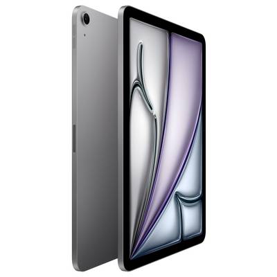 Tablette avec un boîtier gris, présentée en perspective, affichant une œuvre d'art abstraite et dynamique sur son écran.