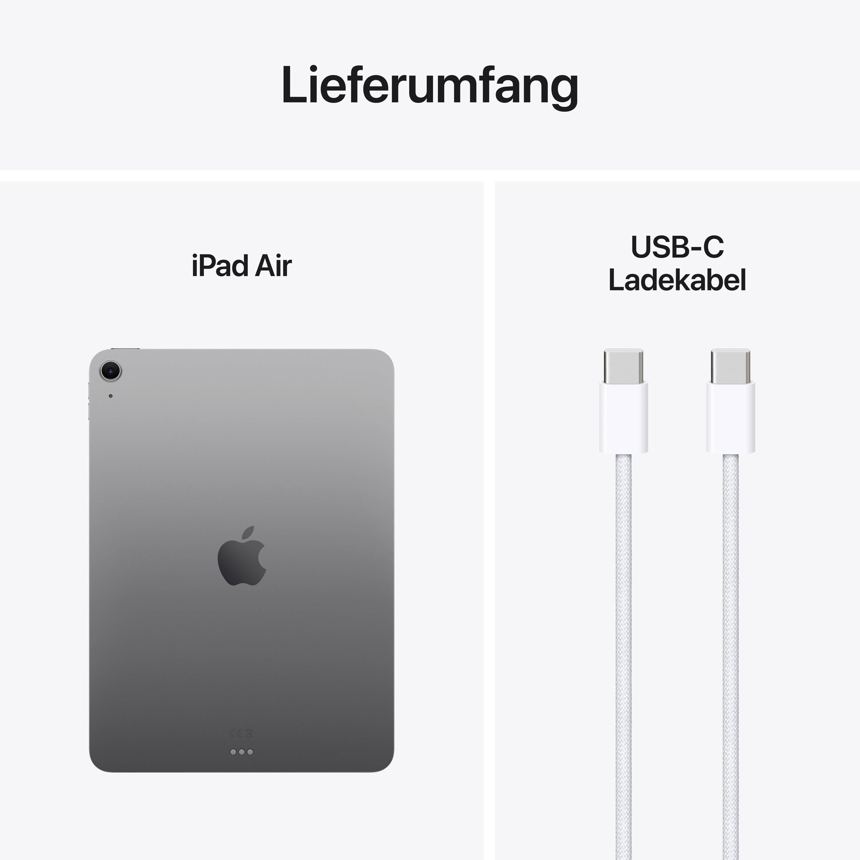 Contenu de la livraison : iPad Air en gris spatial et un câble de charge USB-C. Parfait pour une charge rapide et une utilisation efficace.