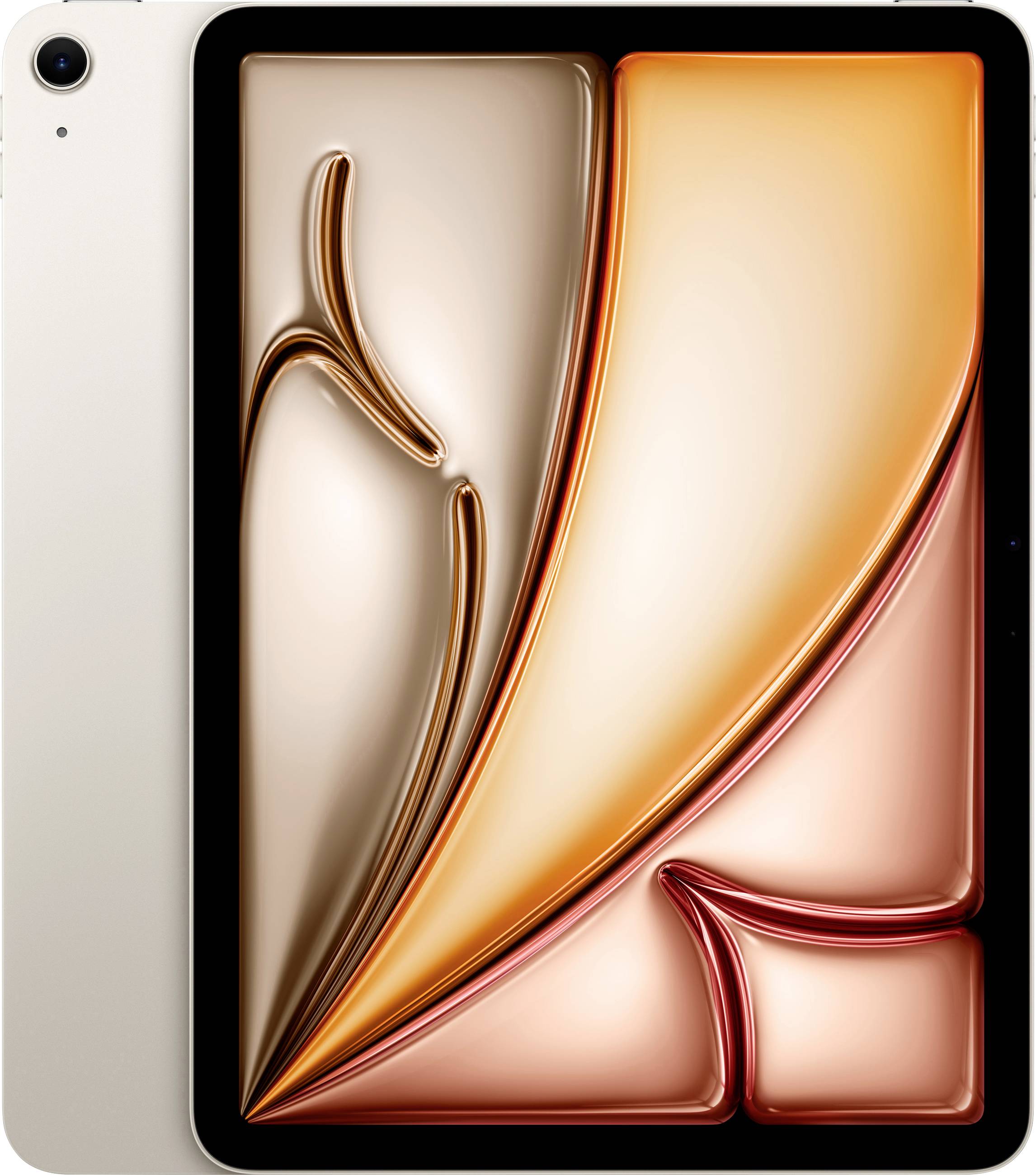 Une tablette moderne avec un fond d'écran artistique et coloré dans des tons d'orange et de brun, en orientation verticale.