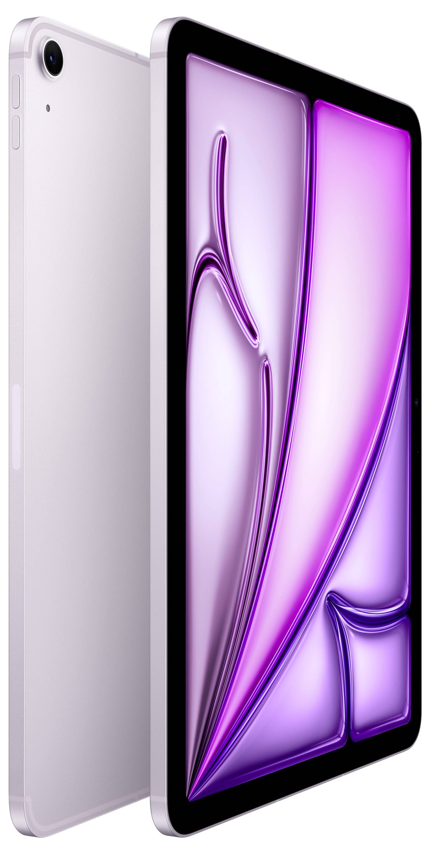 Une tablette moderne au design élégant, avec un écran violet et des angles arrondis, présentée sur un fond neutre.