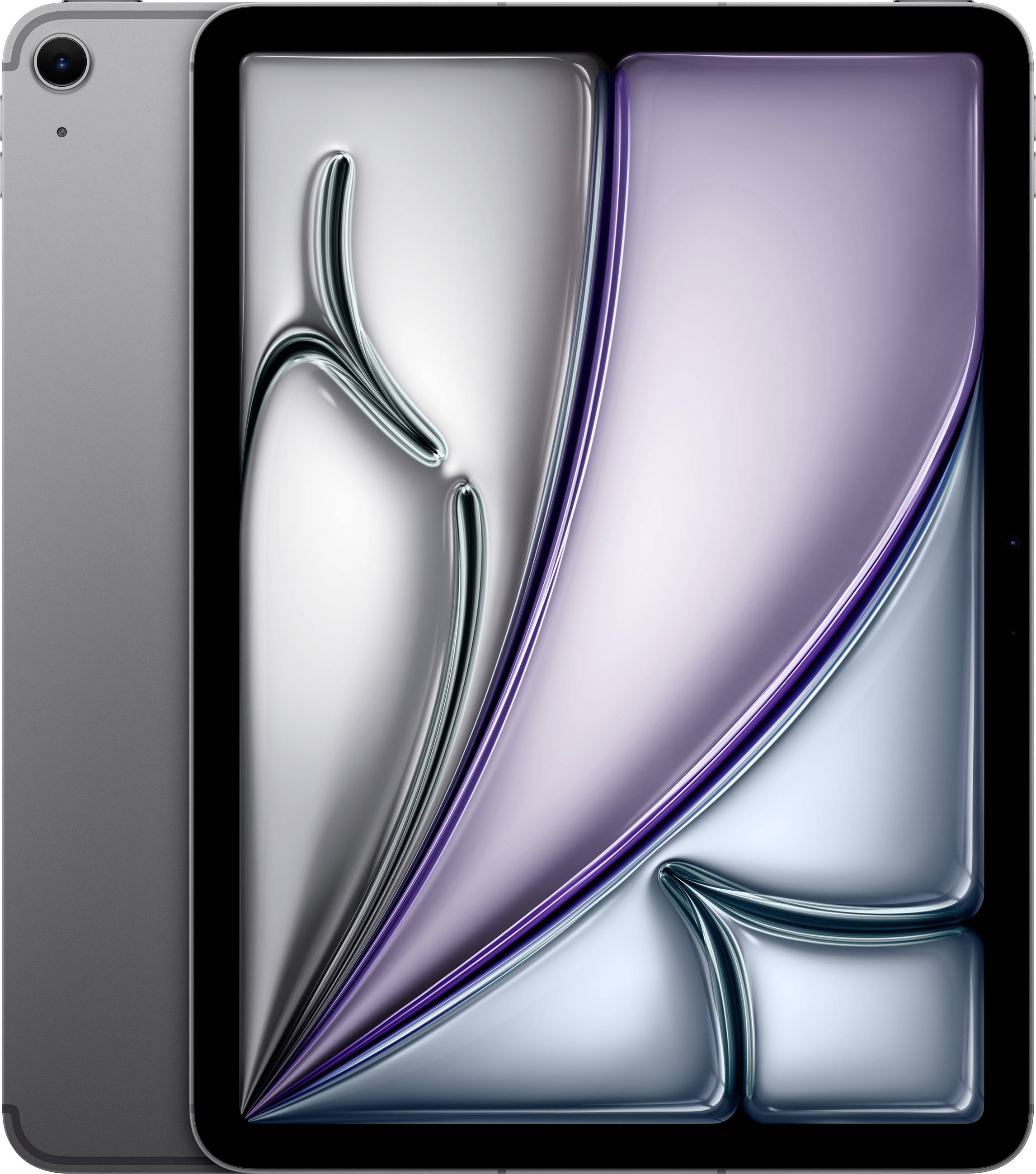 Tablette argentée avec un design de fond abstrait et artistique en violet et bleu.