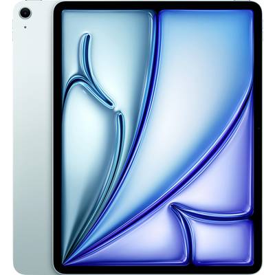 Tablette avec un écran lumineux, affichant un motif abstrait et ondulé bleu lumineux. Caméra visible en haut à gauche.
