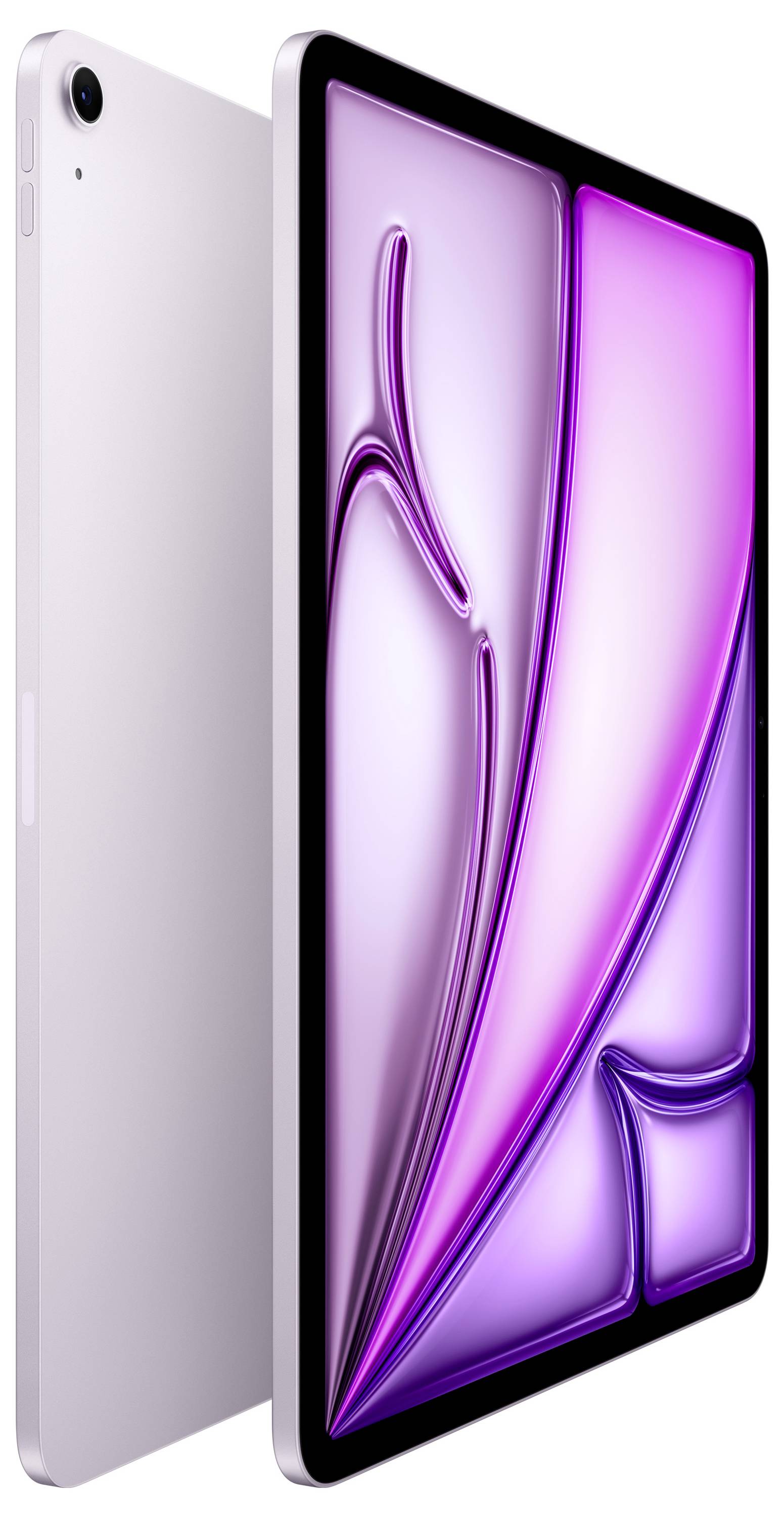 Une tablette moderne avec un grand écran, montrée de profil et de dos. L'écran affiche un motif abstrait violet.