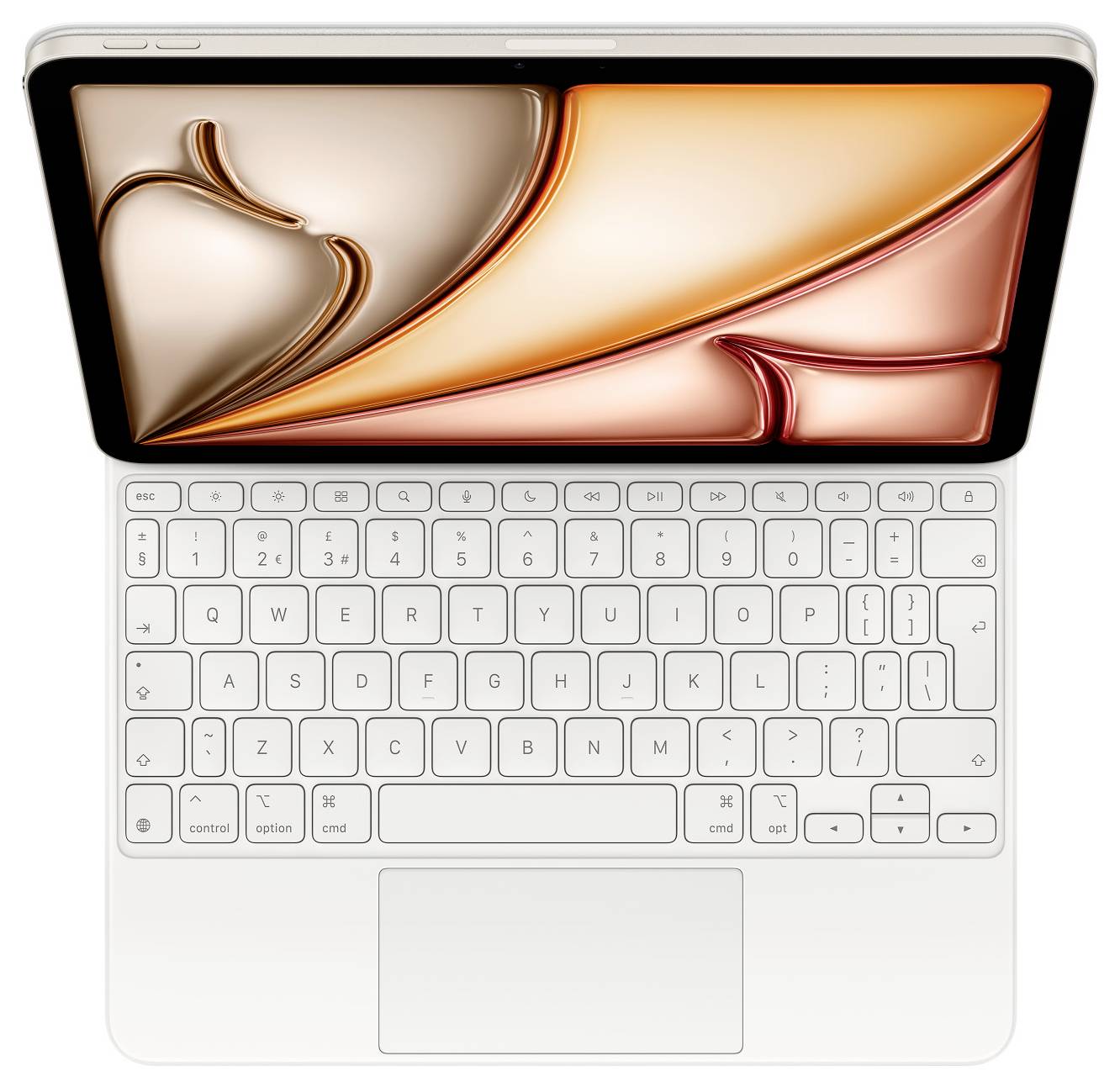Une tablette avec clavier dans un boîtier blanc est montrée vue de dessus. L'écran affiche un design abstrait dans des tons orange et beige.
