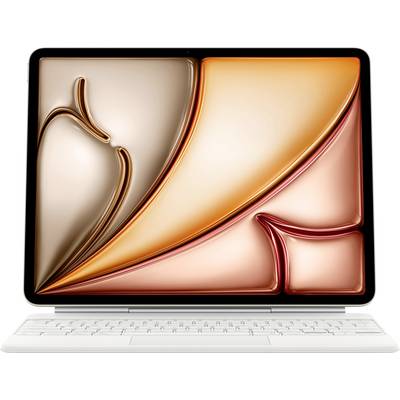 Une tablette affichant une représentation abstraite et colorée sur son écran, posée sur une housse de clavier blanche.