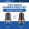 'Compatibilité batterie 12V : Un système - de nombreux outils'. À gauche batterie Dremel, à droite batterie Bosch. Compatible avec plusieurs outils des deux marques.