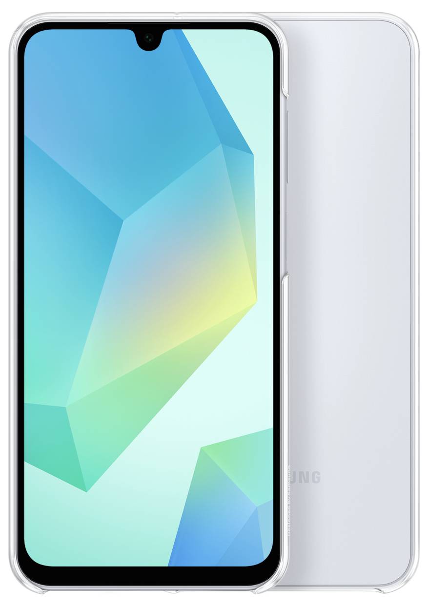 Un smartphone moderne avec un grand écran couleur et un dos blanc. Il affiche un design géométrique abstrait sur l'écran.