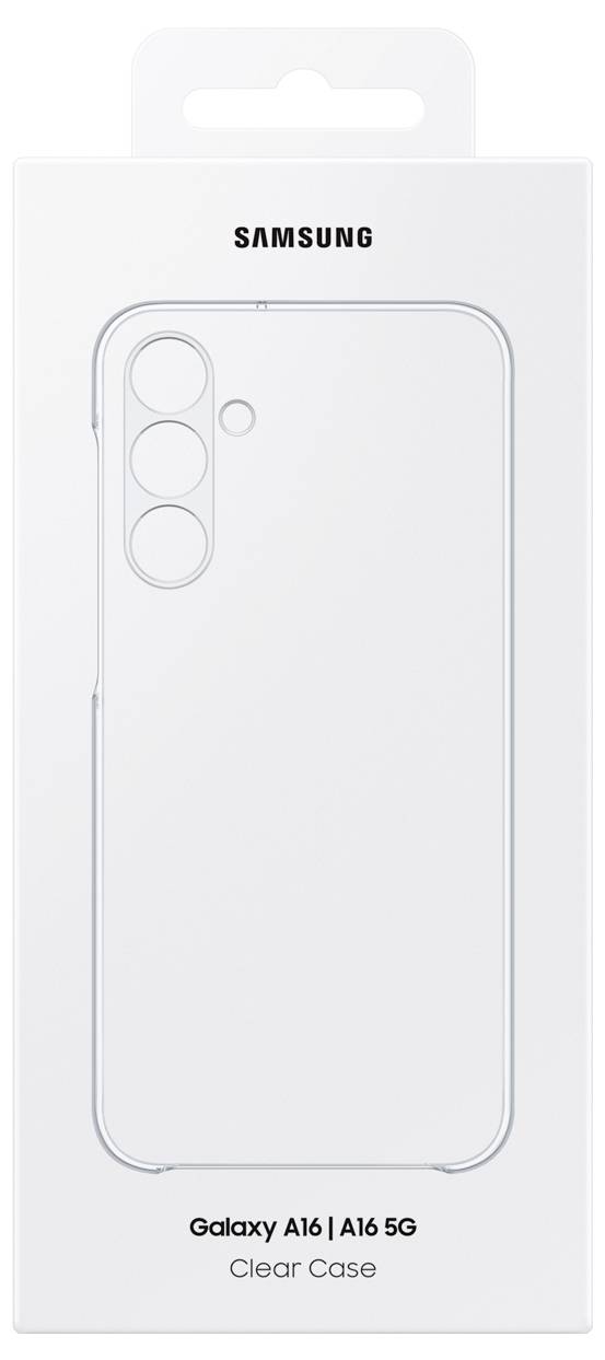 Emballage d'un étui de protection transparent pour Samsung Galaxy A16 et A16 5G. Contient une illustration de l'étui sur la face avant.