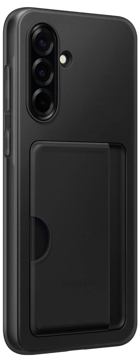 Smartphone avec une coque noire, trois caméras à l'arrière. La coque dispose d'un compartiment coulissant pour ranger des cartes.