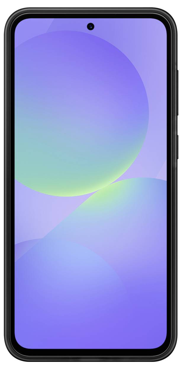 Un smartphone noir vu de face avec un dégradé violet-bleu sur son écran.