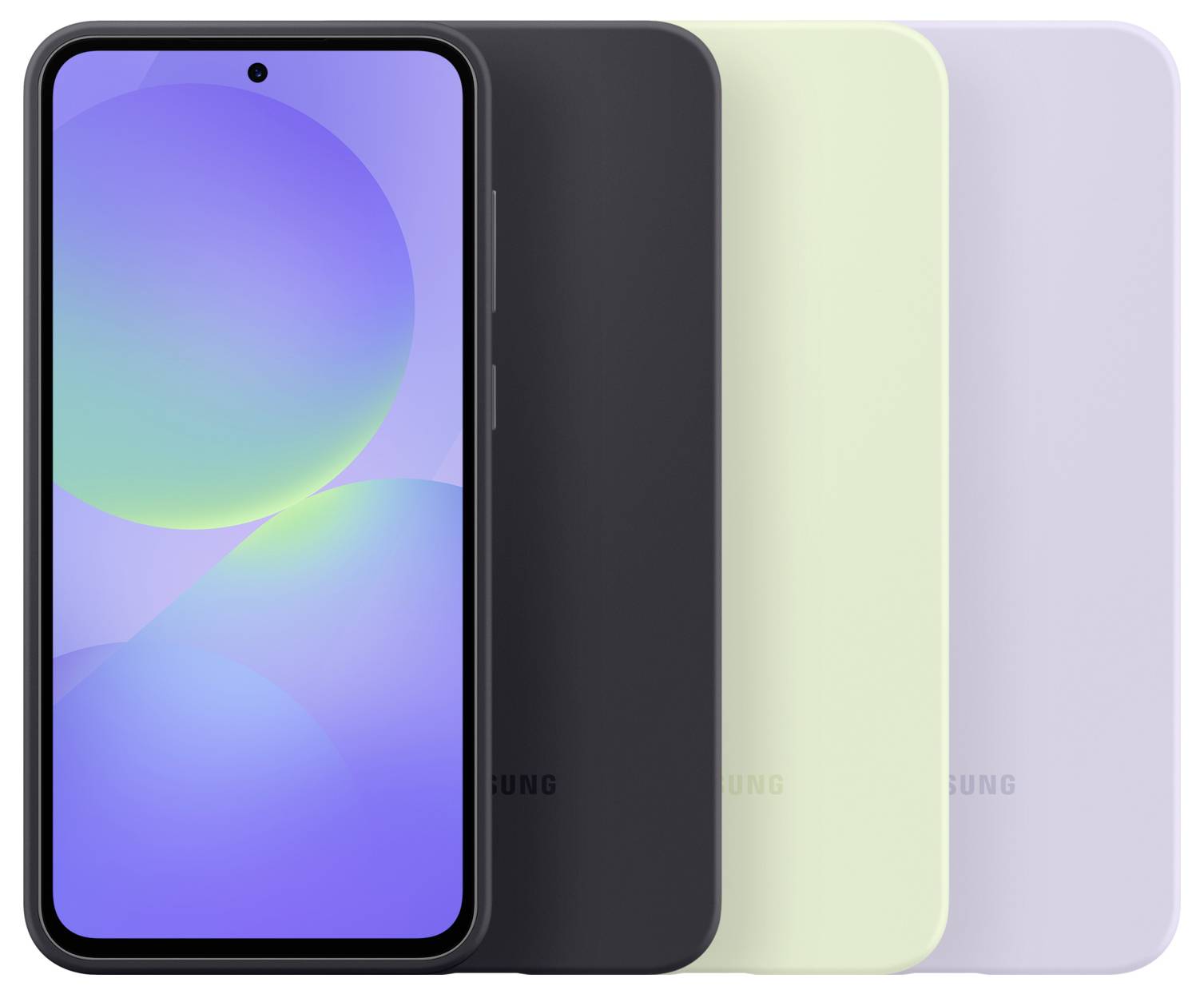 Un smartphone en trois couleurs : noir, vert clair et violet. Face avant avec un grand écran et un découpage rond pour la caméra en haut.