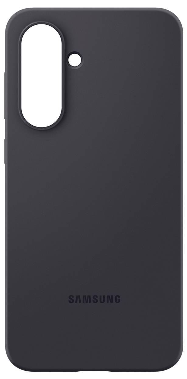 Une coque noire Samsung avec découpe pour l'appareil photo, vue de dos.