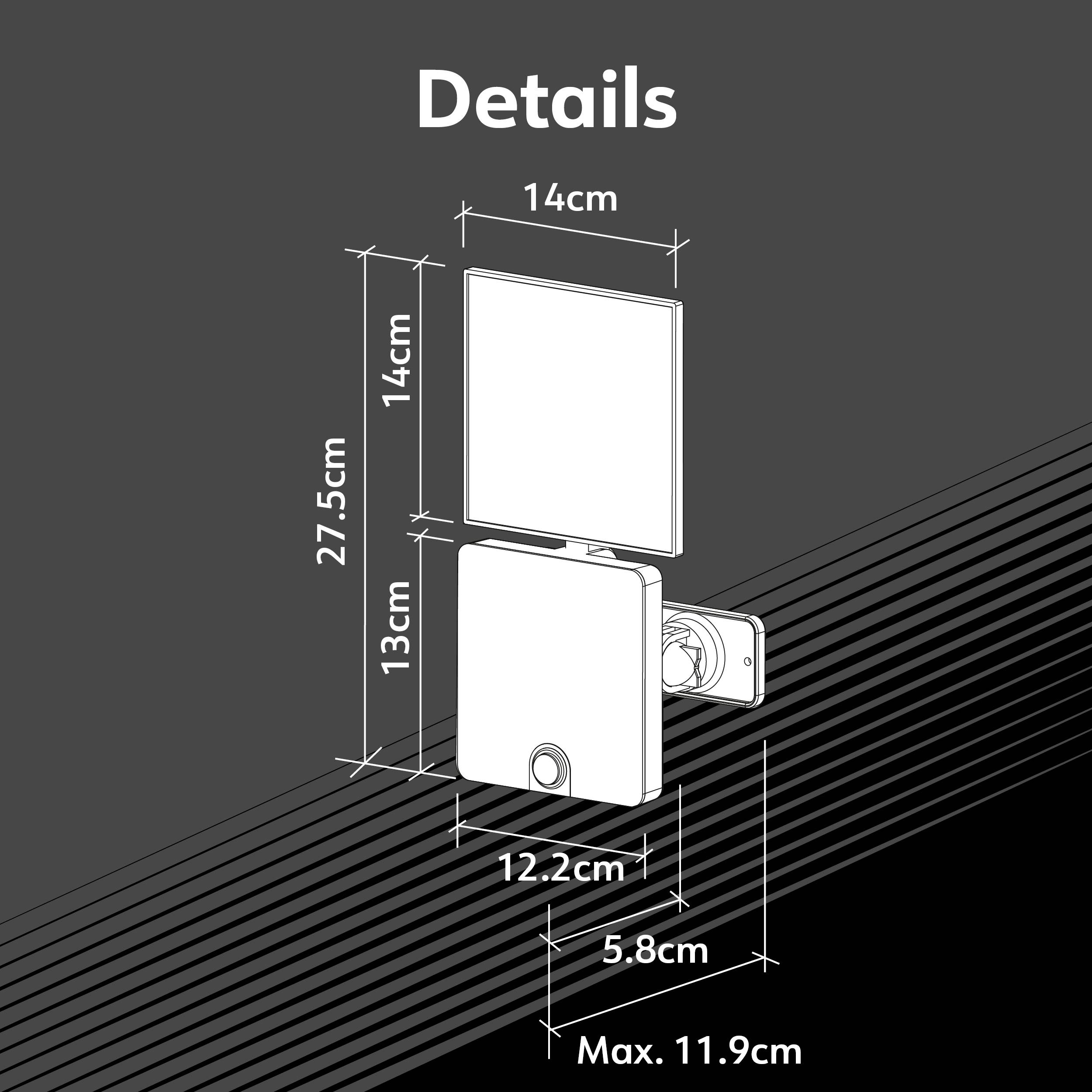 Esquisse d'une lampe rectangulaire avec dimensions : hauteur 27,5 cm, largeur 14 cm, profondeur 12,2 cm. Adaptée pour un montage mural.