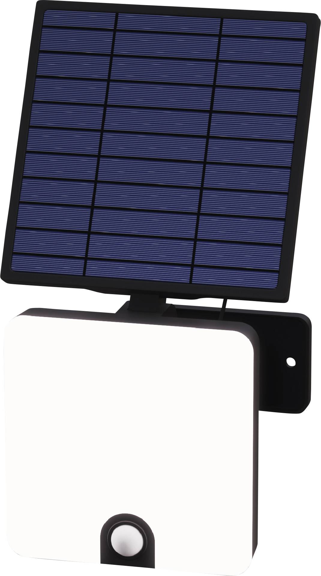 Une lampe solaire rectangulaire avec un panneau solaire bleu en haut et un éclairage LED blanc en dessous, fixée sur un support noir.