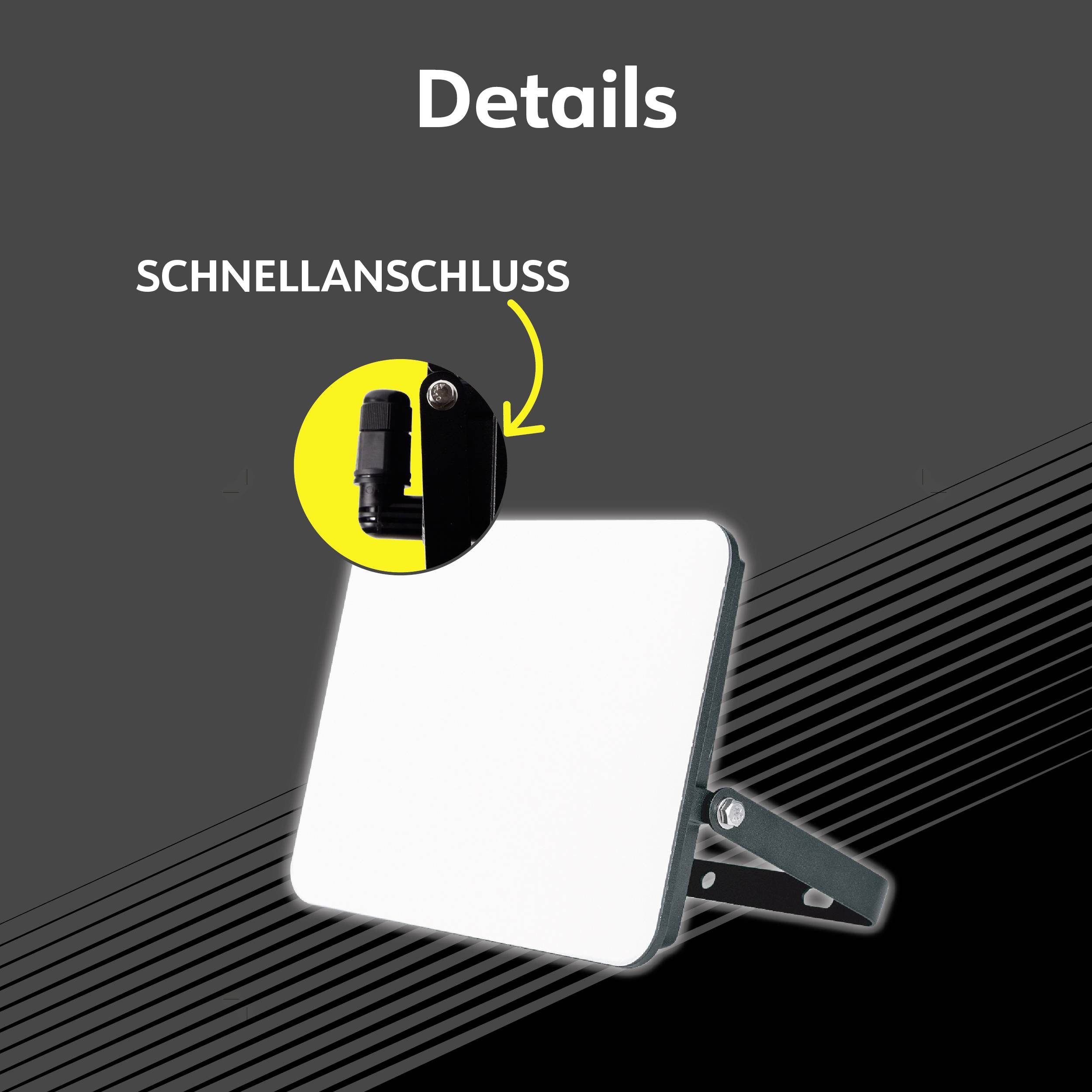 Projecteur LED avec connexion à clips. En haut, il est écrit 'Détails'. Un gros plan montre la connexion rapide du projecteur.