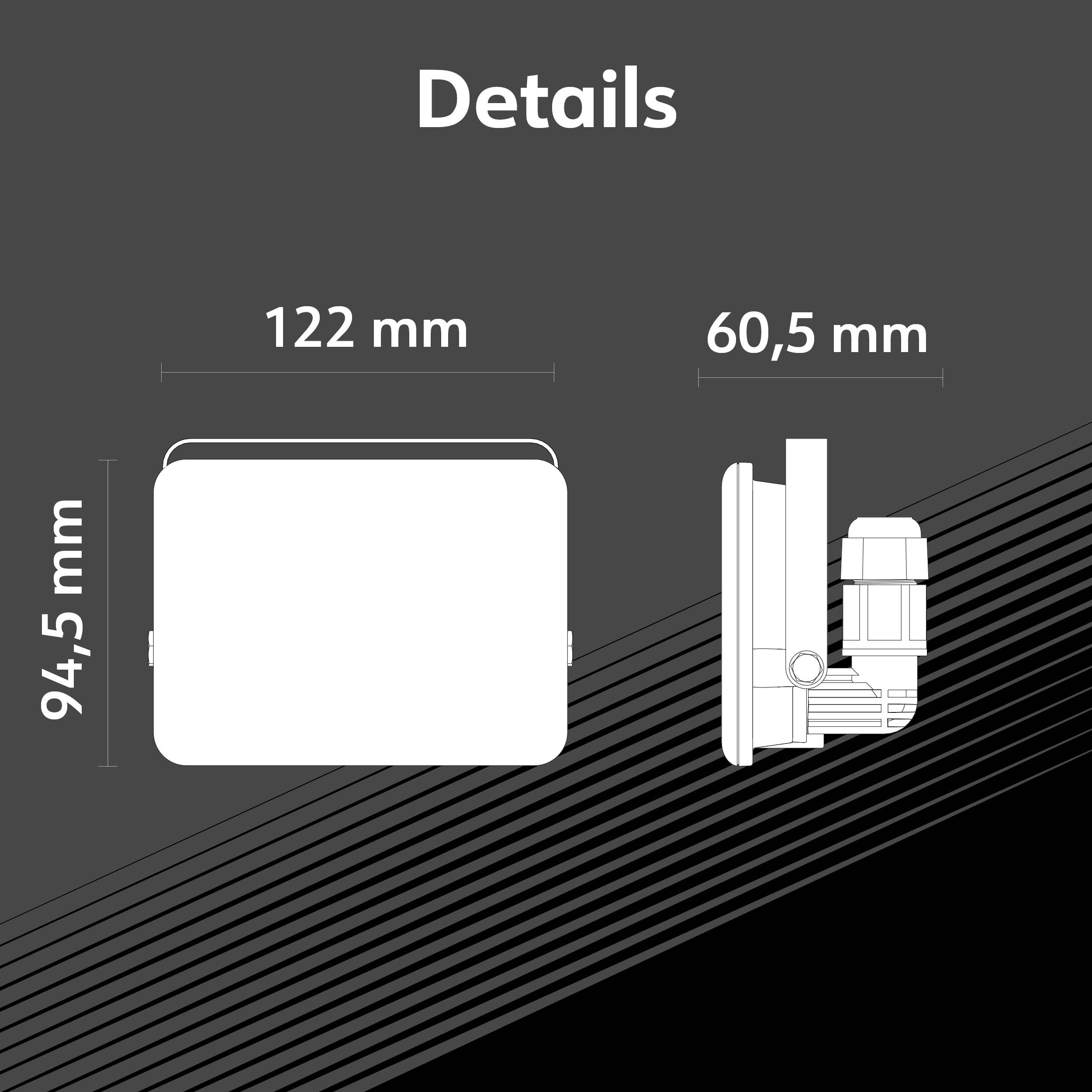 'Détails' montre un dessin technique d'un objet rectangulaire avec les dimensions suivantes : largeur 122 mm, hauteur 94,5 mm, profondeur 60,5 mm.