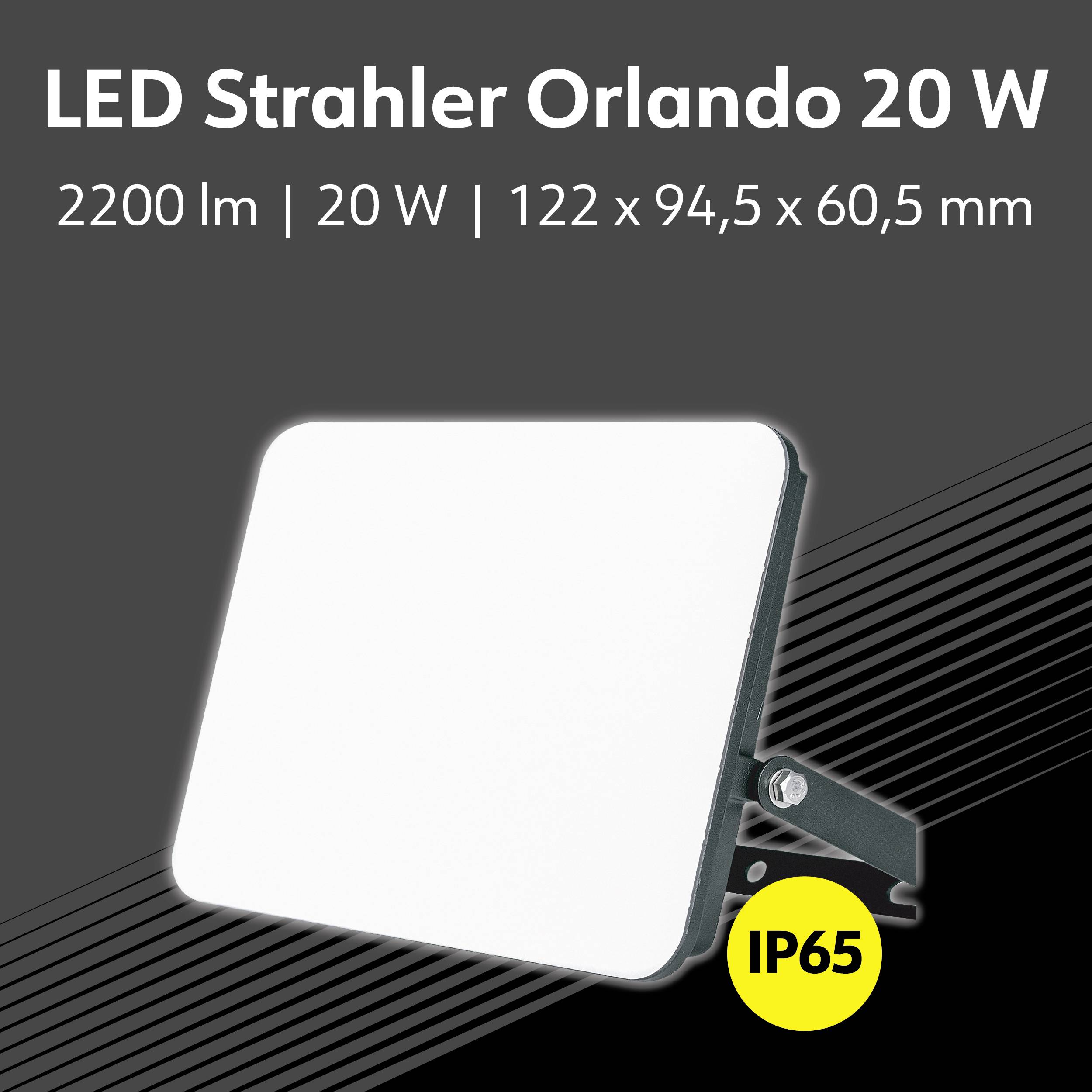 'Projecteur LED Orlando 20 W' présente un projecteur blanc avec les caractéristiques suivantes : 2200 lumens, 20 watts, dimensions 122 x 94,5 x 60,5 mm, IP65.