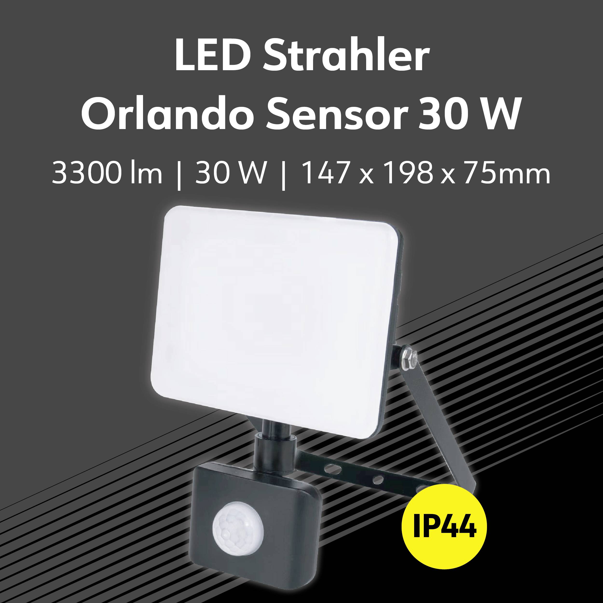 Projecteur LED avec détecteur de mouvement, 30 watts, 3300 lumens, IP44, dimensions 147 x 198 x 75 mm.