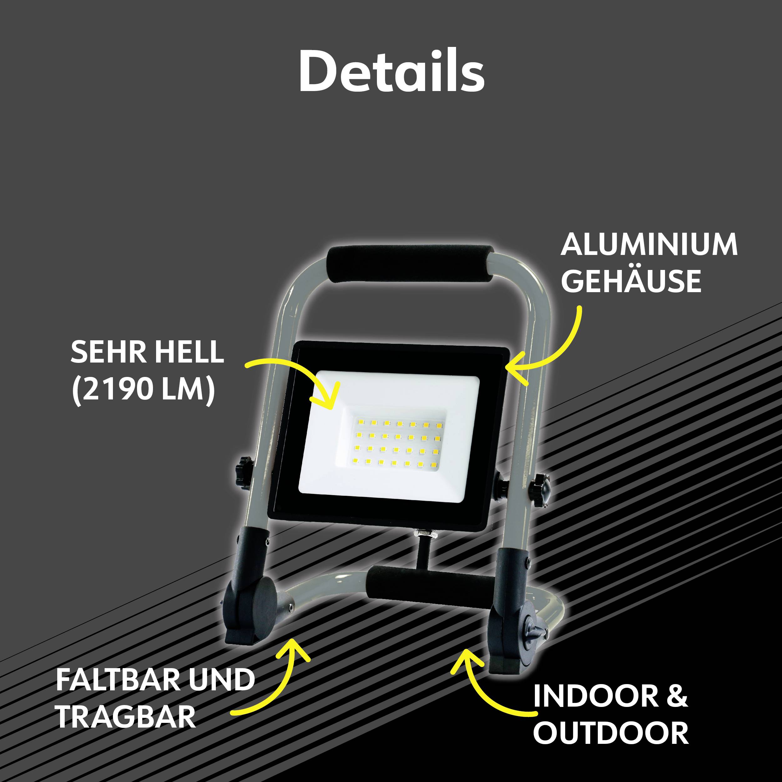 Un projecteur LED portable et pliable de 2190 lumens, avec boîtier en aluminium, adapté aux espaces intérieurs et extérieurs.