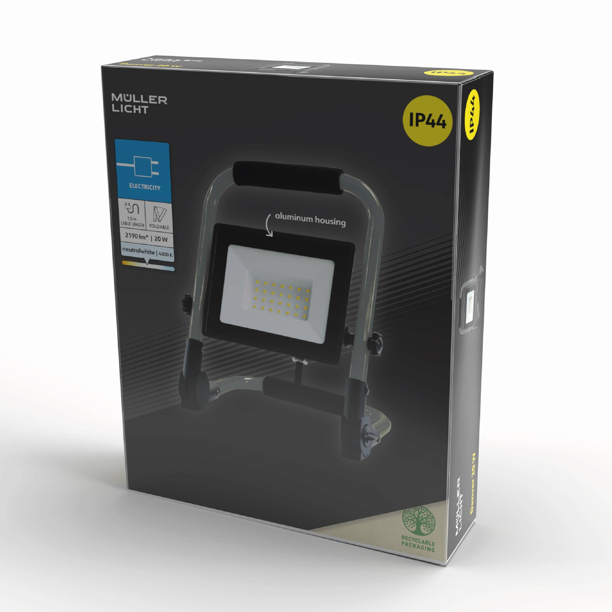 Emballage d'un projecteur LED de Müller Licht, protection IP44, puissance de 30W, présentant une image du projecteur et des logos.