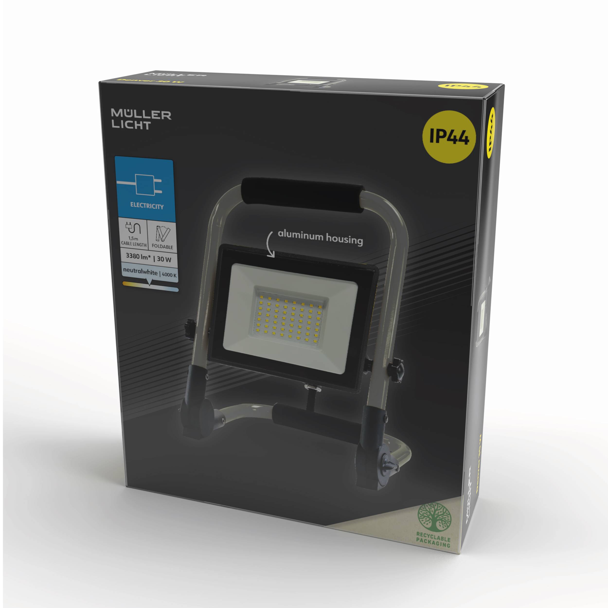 Emballage noire d'un luminaire LED Müller Licht avec poignée, texte 'boîtier en aluminium' et symbole IP44, adapté aux zones extérieures.