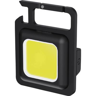 Lampe portable compacte de couleur noire, avec un éclairage LED jaune vif au centre. Idéale pour les activités de plein air ou les travaux d'atelier.