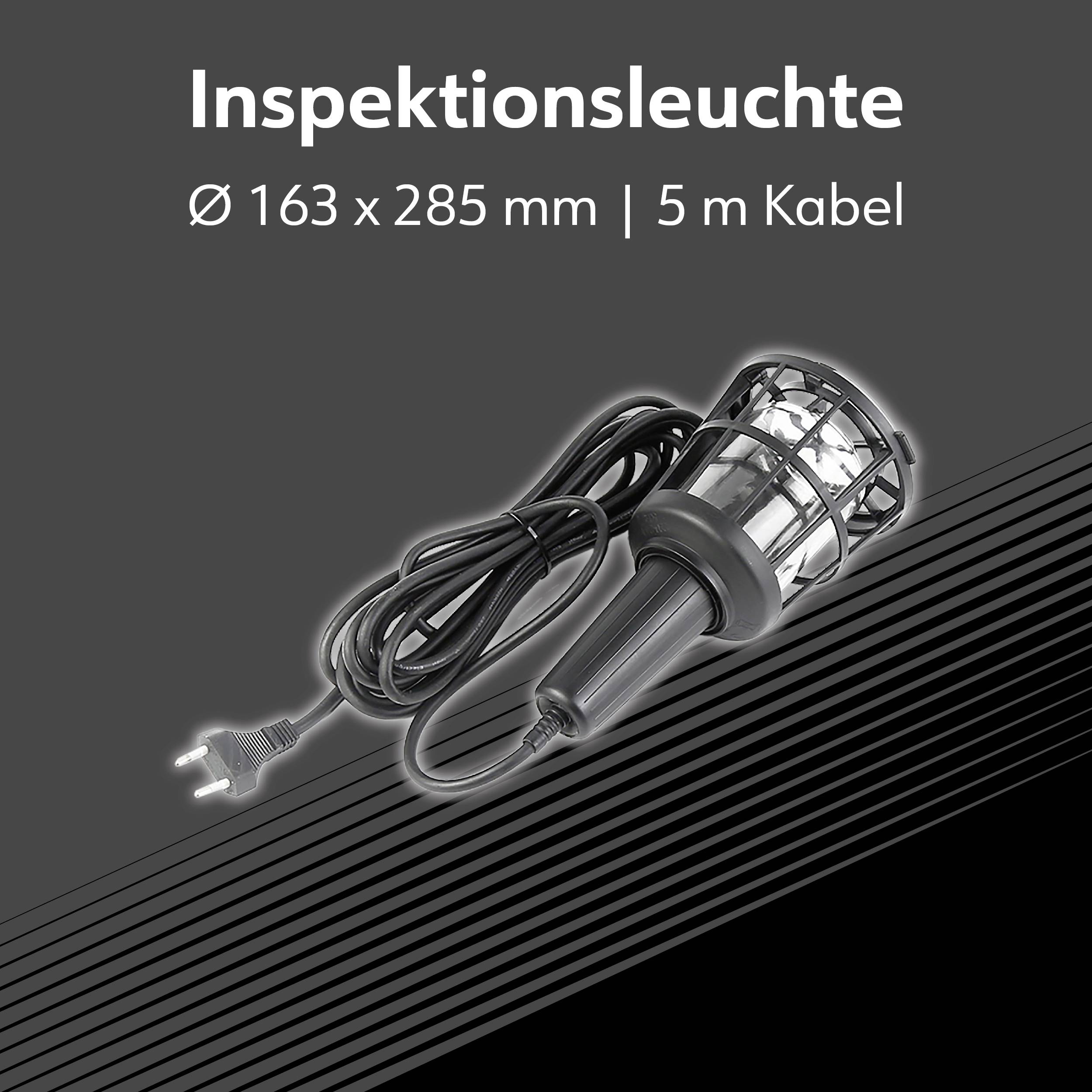 Lampe d'inspection avec câble de 5 m, protection noire, dimensions Ø 163 x 285 mm. Idéale pour les travaux de maintenance.