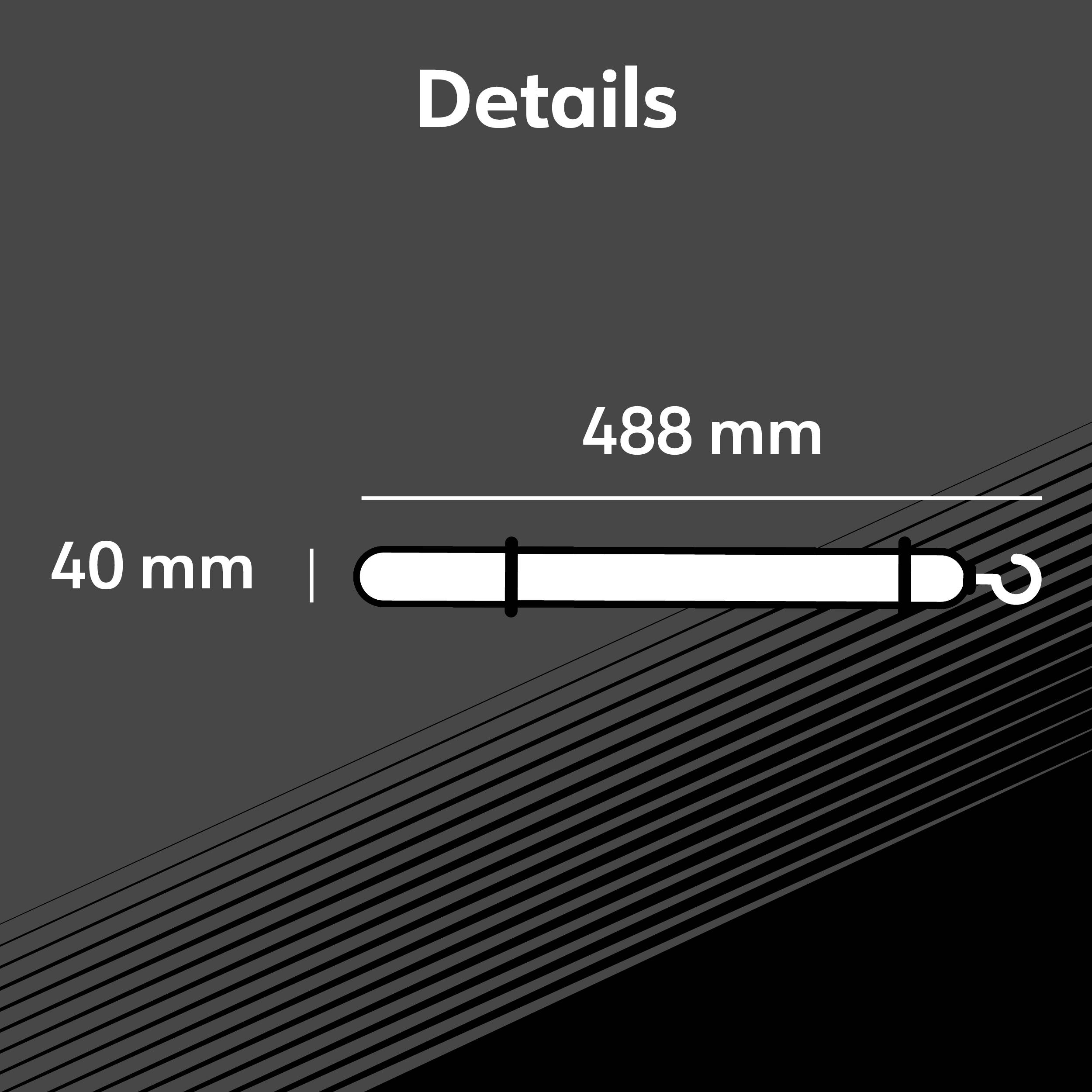 Détails sur un diagramme avec une barre horizontale. La barre fait 488 mm de long et 40 mm de large, avec un crochet à l'extrémité droite.