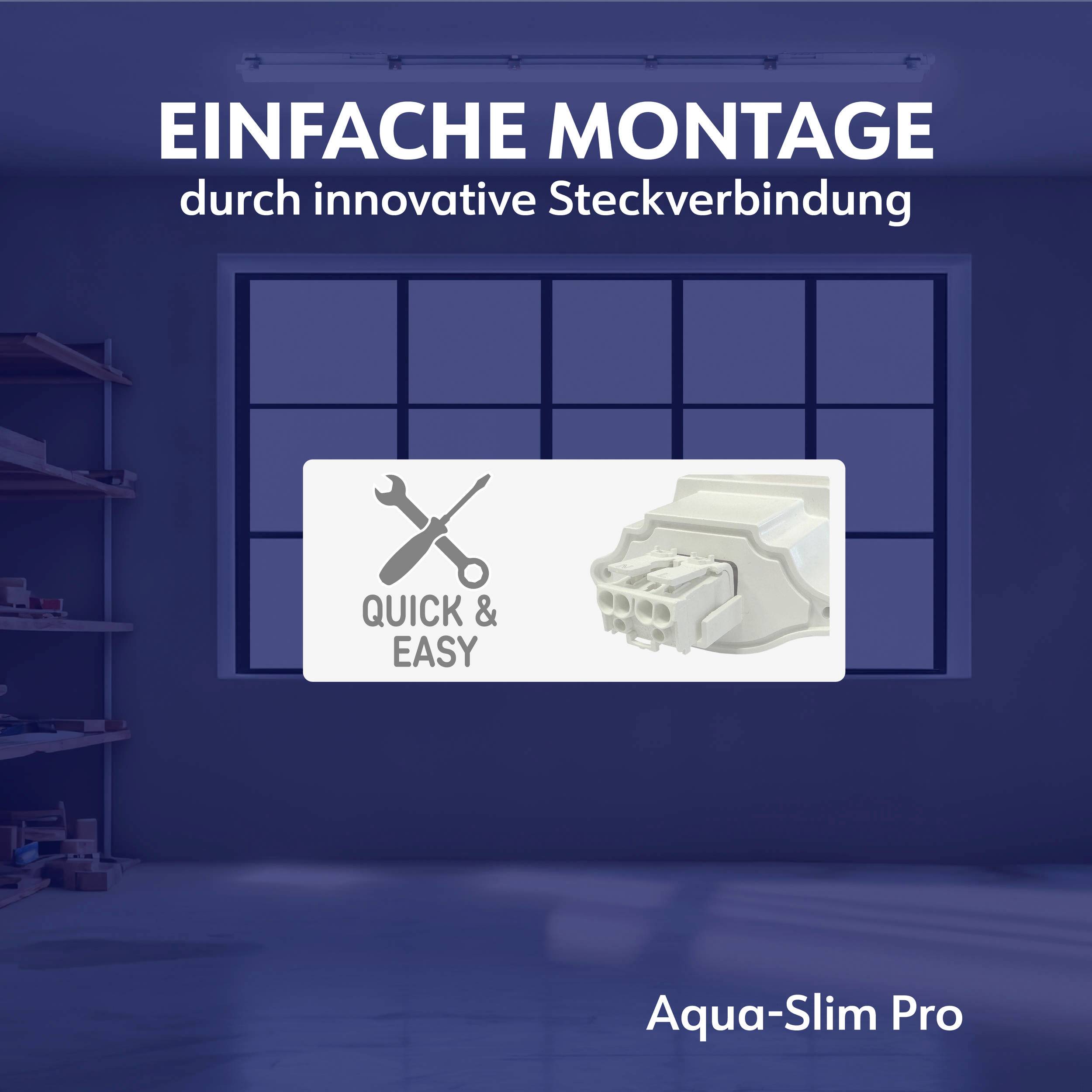 Pièce avec une grande baie vitrée et des étagères. Texte 'MONTAGE SIMPLE grâce à un raccordement innovant. Aqua-Slim Pro'.