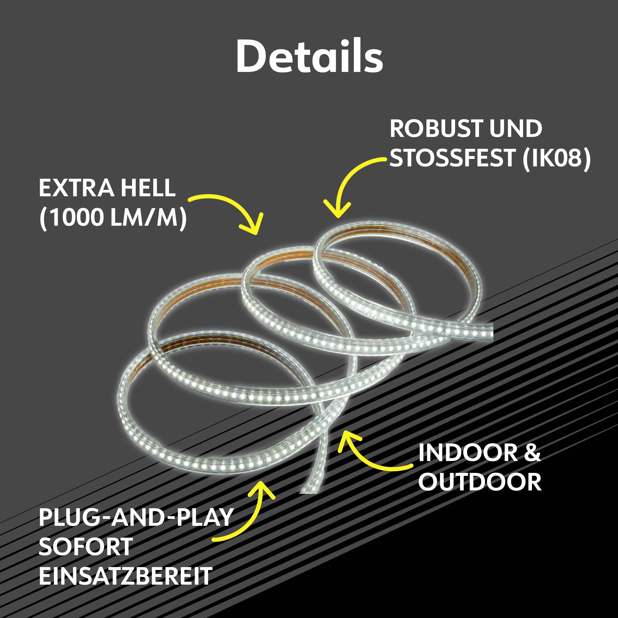 L'illustration montre un tube lumineux LED avec les caractéristiques suivantes : 'extra lumineux (1000 LM/M)', 'robuste et résistant aux chocs (IK08)', 'prêt à l'emploi (Plug-and-Play)', 'pour intérieur et extérieur'.